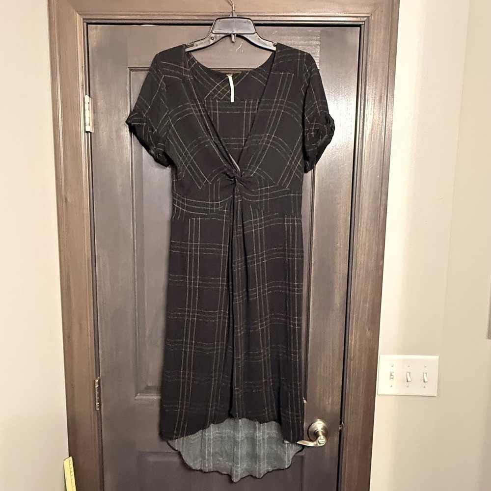 Free People‎ Womens Grey Plaid Twist Front V-Neck High-Low Midi Dress Medium